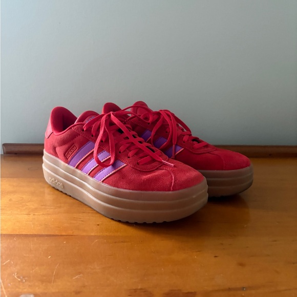 adidas Shoes - adidas Red Sneakers with Purple Stripes and Tan Platform